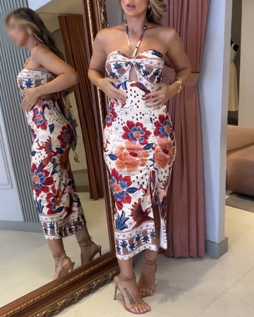 Tropical Print Halter Sleeveless Dress Sexy Backless Tied Detail Dress